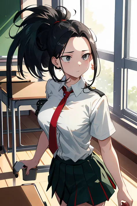 masterpiece, best quality, highres, 1girl, yaoyorozu momo, black hair, ponytail, hair pulled back, black eyes, large breasts, school uniform, white shirt, collared shirt, short sleeves, red necktie, green skirt, standing, cowboy shot, indoors, classroom,