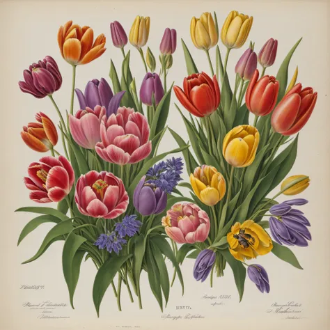 (beste-Qualit: 1.2), (Detailed: 1.2), (tmasterpiece: 1.2), Vintage botanical illustrations of butterflies and bees, (Bouquet of tulips) (1770-1775) in high resolution by John Edwards