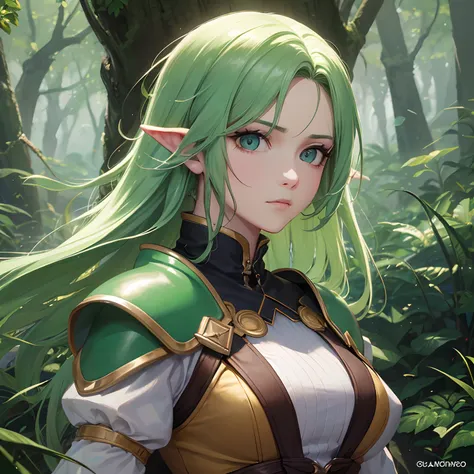 (((retocado de alta qualidade))), retrato em close-up, personagem feminina, personagem de videogame, personagem de arco e flecha verde,
(Ashe: 1.3), cabelo brancos, olhos castanhos, Determined expression, forest scenery, soft-lighting, tons verdes, fundo d...