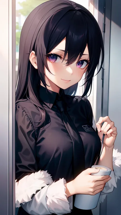 Beth，，Expose the private part，Sexual turn，Long black hair，爆乳，Purple eye，tmasterpiece，best qualtiy，ultra - detailed，illustratio，epic lighting，cinematic compositions，isometry，1girl，独奏，adolable，black color hair，red hair clips，blouse with a white collar，black ...