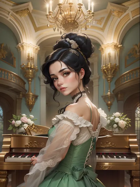 Beautiful lady with black hair playing piano. Set against the backdrop of an opulent mansion room in victorian style, It symbolizes the elegance and privilege of the Victorian upper class.