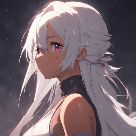 white hair, ponytail, dark skinned female, large breasts, keiji inafune style,