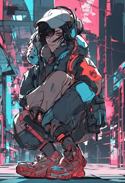 Anime character with a pair of shoes and a backpack, modern anime style, cyberpunk streetwear, Style anime, very modern anime style, wearing cyberpunk streetwear, cyber punk style, redline anime movie style, Cypherpunk fashion illustration, style of akira ...