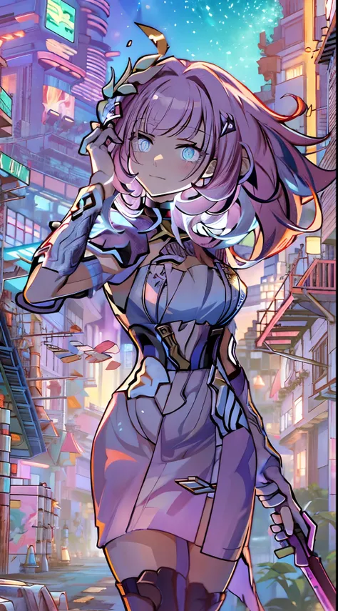 noite, fundo colorido da cidade cyberpunk, menina de rua, elysia,honkai impact, olhos azuis, olhos brilhantes, meias pretas, ret...