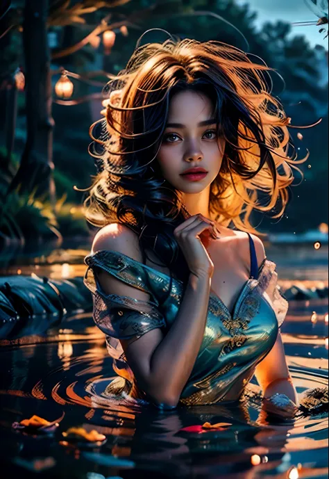 high quality fingers, normal hands, detailed fingers,masterpiece, (realistic, photo-realistic:1.37), (16 years old korean girl), in translucent blue saree, traslucent blue bra, a big flower on her hair, mountains, lake, trees, clouds, medium breast, small ...