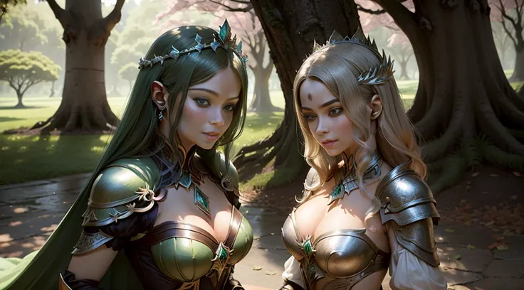 A woman alone in green queen armor standing under a cherry tree, uma bela rainha, fantasia, Rainha elfa bonita de cabelo preto e elegante, olhos verdes e com rosto bem detalhado, estilo de arte a oleo, Arte de fantasia 8k, fantasia de arte bem realista, el...