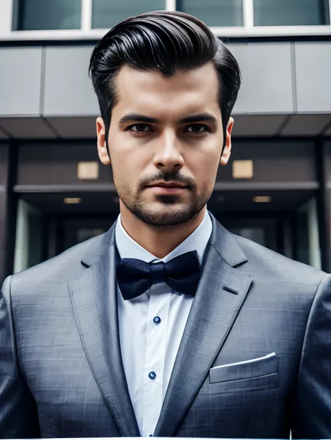 tmasterpiece, High-quality photo of a man in a suit and tie, standing in front of the building, photo by James Baines,High facial detail, A detailed eye, An open look, close - up, Popular on Pexels, A new objectivity, Stock Photo, The Sabatier Effect.