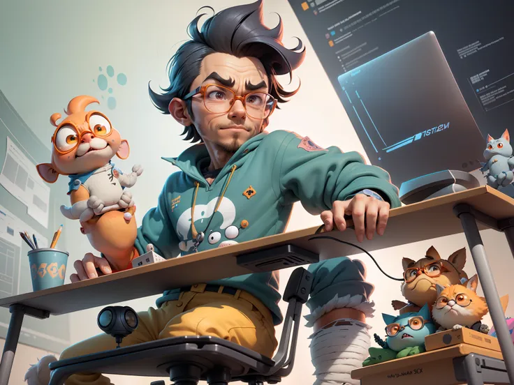 A young man with glasses sits at his desk，holding laptop，digitial painting，3D character design by Mark Clairen and Pixar and Hayao Miyazaki and Akira Toriyama，4K HD illustration，Very detailed facial features and cartoon-style visuals。