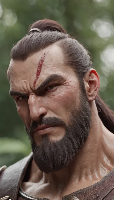 of a real，Facial features are carefully depicted，Realistic skin texture，中景 the scene is，Barbarian bearded uncle，Wearing heavy armor of steel，Two-handed greatsword，（male people：1.4），(There is a scar on the face:1.5)，Strong limbs，（A half body：1.4），Short-cut ...