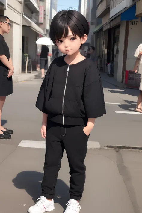 short haired, boy cut hairstyle, black hair, 5 years old babygirl, baby with her japanese dad, full body, at street