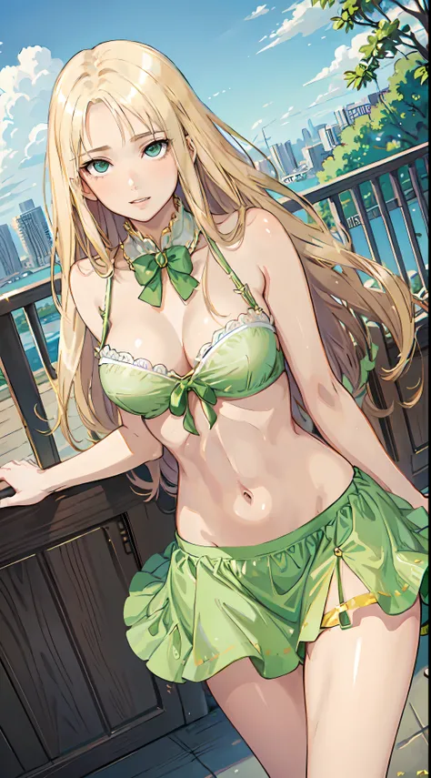 blonde hair, long hair, green eyes, green gown, short skirt, slim legs, navel, balcony, happy, cleavage, bend over, rolling eyes, ahegou