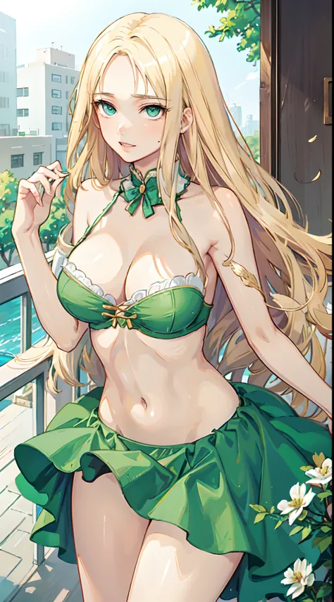 blonde hair, long hair, green eyes, green gown, short skirt, slim legs, navel, balcony, happy, cleavage, bend over, rolling eyes, ahegou