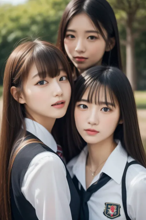 top-quality、8K、32K、​masterpiece、nffsw:1.2)、2girls、Two girls with long hair、Two beautiful Japan women、Heavy bangs、long sleeved shirt、length hair、School Uniforms