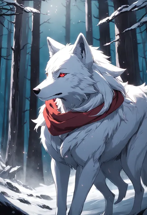 furry, humanoid wolf, white wolf, red scarf, grey eyes, looking at the sky, full quality