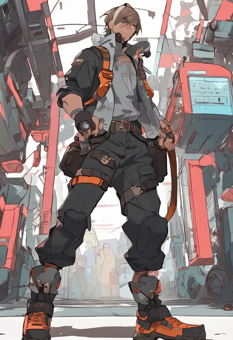 Close-up of a man with a gun and a backpack, human male character art, ( ( concept art of character ) ), full body concept, male anime character, full body character, official character art, guilty gear art direction, Single character full body, full body ...