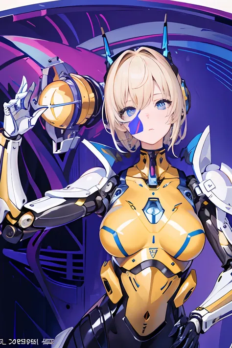 Masterpiece, solo,1girl, blue eyes, mecha musume, mechanical parts, robot joints, metal headgear, turtleneck, detailed background, depth of field, blonde, short hair, Korean idol, aespa Winter, yellow jumpsuits, black spandex, wind, metal suits, detailed s...