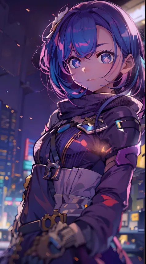 noite, fundo colorido da cidade cyberpunk, menina de rua, elysia,honkai impact, olhos azuis, olhos brilhantes, meias pretas, ret...