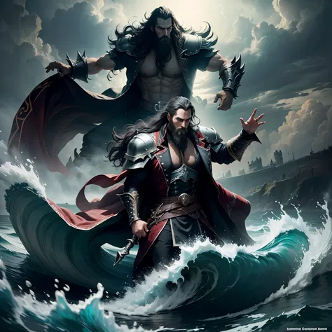 Castlevania Shadow Lord Beard Handsome Warrior on Sea Waves Environment Thunderstorm Super Detailed Epic Scene Hyper Realistic