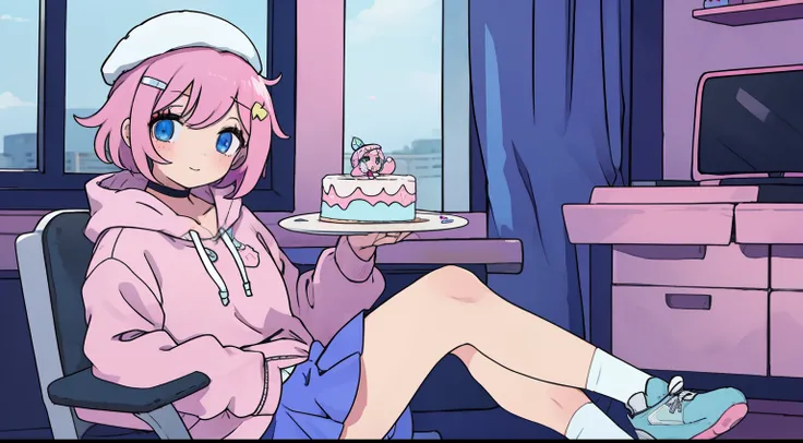 anime girl with short pink hair, hair clip, choker, blue eyes, pink hoodie, blue skirt, black legwear, white shoes, indoors, sit...