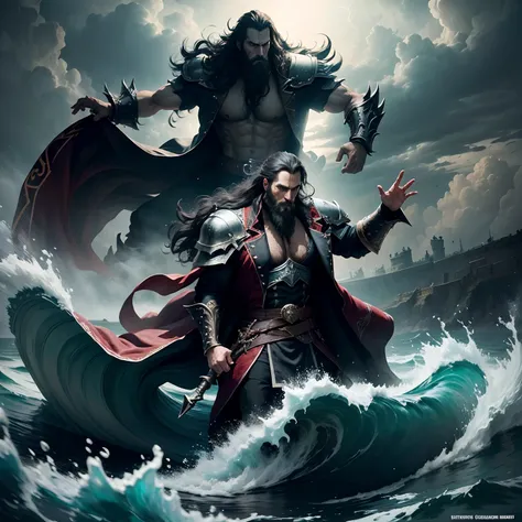 Castlevania Shadow Lord Beard Handsome Warrior on Sea Waves Environment Thunderstorm Super Detailed Epic Scene Hyper Realistic