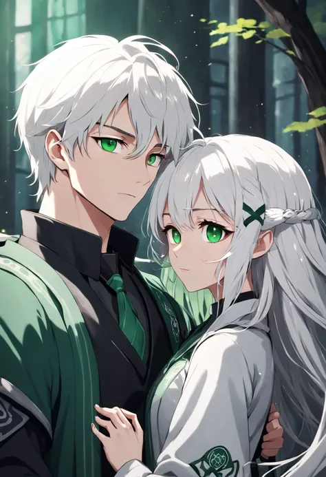 slytherin couple with white hair and green eyes anime style