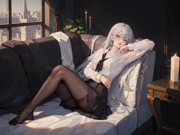 (((Half naked anime girl lying on sofa undressing with her hands，，Hands on the upper and lower legs of the naked body，black uniforms，black reotard，Primetime light and shadow black pantyhose)),Ray tracing,(Dim lighting，luz de velas，waxy candles),[Detailed b...