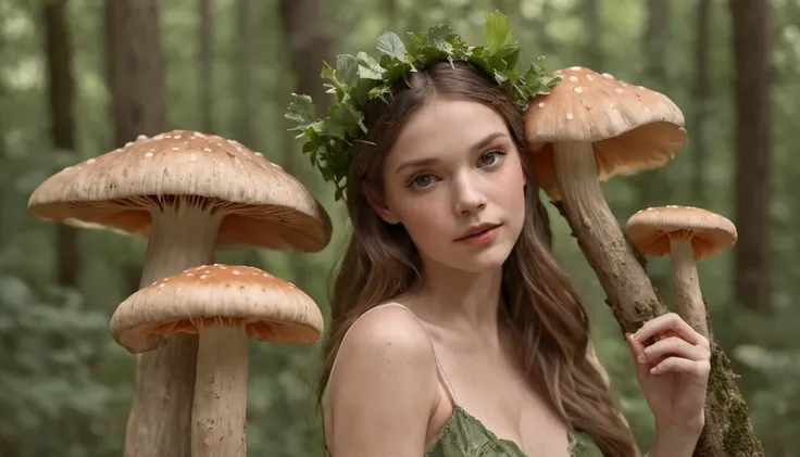 funny real girl looking like forest fairy under big mushrooms, , in the style of unreal engine 5, duffy sheridan, 32k uhd, douglas smith, michael malm, hyper-realistic representation, close up