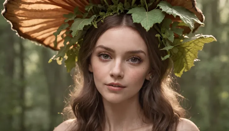 funny real girl looking like forest fairy under big mushrooms, , in the style of unreal engine 5, duffy sheridan, 32k uhd, douglas smith, michael malm, hyper-realistic representation, close up