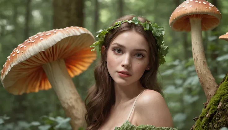 funny real girl looking like forest fairy under big mushrooms, , in the style of unreal engine 5, duffy sheridan, 32k uhd, douglas smith, michael malm, hyper-realistic representation, close up