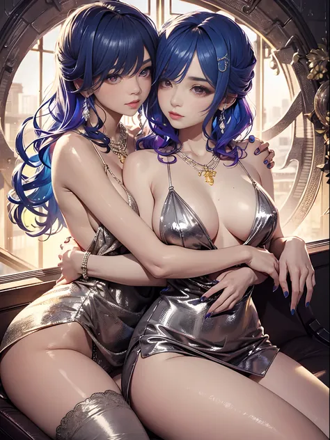 （Enrich the picture，Masterpiece level quality）Beautiful 8K CG artwork，Goddess-like posture，Sitting in the cabin of an airplane，Postural exercises，Slim and soft，Translucent skin，Blue colored hair、The beauty of extra-long hair, Super Long Straight Hair，The s...