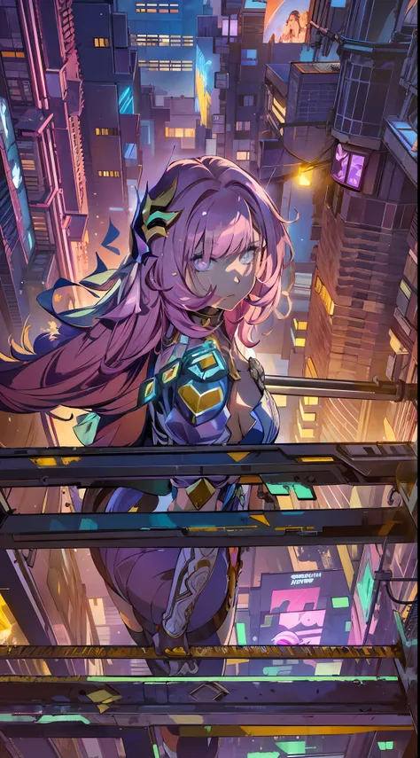 noite, fundo colorido da cidade cyberpunk, menina de rua, elysia,honkai impact, olhos azuis, olhos brilhantes, meias pretas, ret...