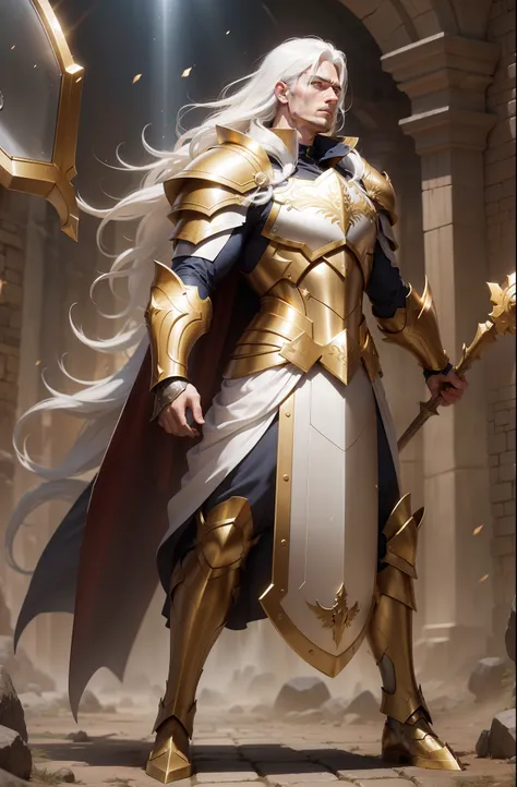 man with giant shield Fantasy action golden armor brave white hair full body giant shield RAYS