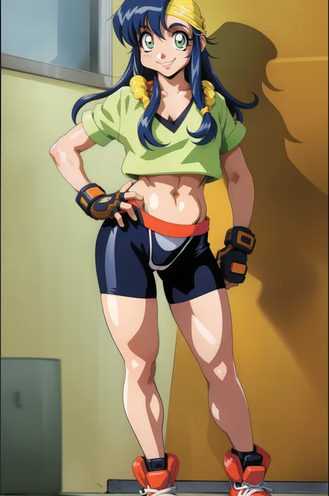 lime,spandex,green eyes,fingerless gloves,1990s (style),blue hair,retro artstyle,long hair,yellow bandana,bike shorts, full body, smile