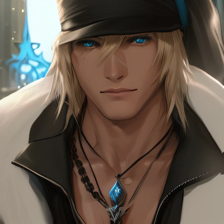 Snow Villiers, Final Fantasy XIII, ojos azules hermosos, mirada atractiva, cabello rubio, sombrero totalmente negro y guantes negros, gabardina beige sostenida en la mano, Camisa negra holgada, estilo de mmorpg, Hombre guapo, Muscles of anatomical and deta...