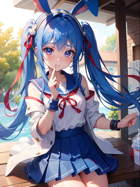 （Top quality ultra-detailed CG art、Cultural Festival、Rabbit ear headband：1.2）School Cultural Festival、Blue hair、Big eyes、cold stare、Cool Beauty、1６age、red blush、Troubled eyes、Twin-tailed、、breasts are small、Summer school uniform、