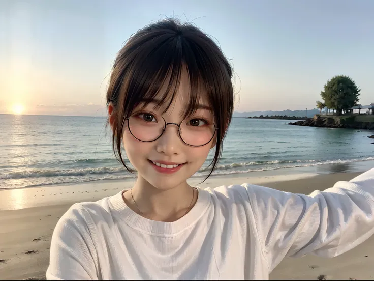 Japan girls in casual clothes、Watch your audience、Pose with a smile(top-quality、Master masterpiece)))、Standing on the beach、HD fine、ighly detailed、Master masterpiece、电影灯光、(8K、top-quality、Master masterpiece:1.2)、(Real、Photorealsitic:1.37) Hi-Res、Super Detai...