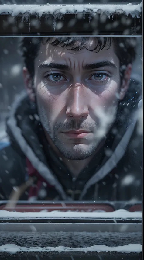 In this close-up portrait, we focus on a man standing near a bus stop in the midst of a snowy winter day. He is bundled up in a thick, dark-colored hoodie, with the hood pulled up to shield himself from the cold. The soft snowflakes cascade around him, gen...