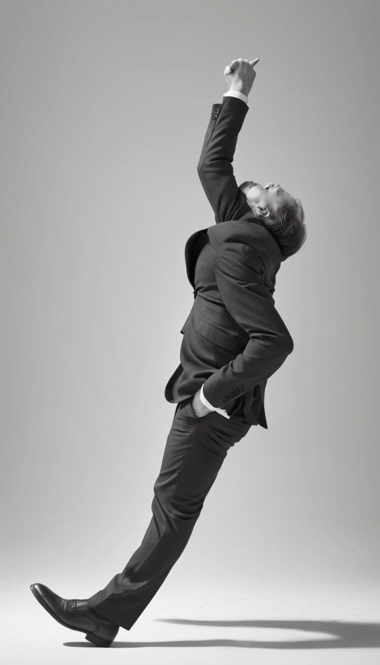 a minimal pencil sketch of a man with black suit falling backward on the ground, right leg touching the ground, and left leg on the air, high detailed, intricate details, 8K, black and white photo, white background, white floor