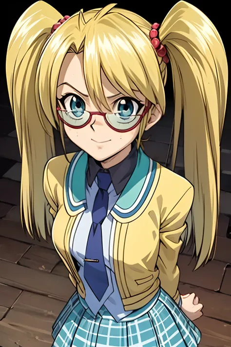 (masterpiece, best quality, ultra-detailed), 1girl, rebecca hopkins, blonde hair, twintails, red glasses,looking at viewer, stan...