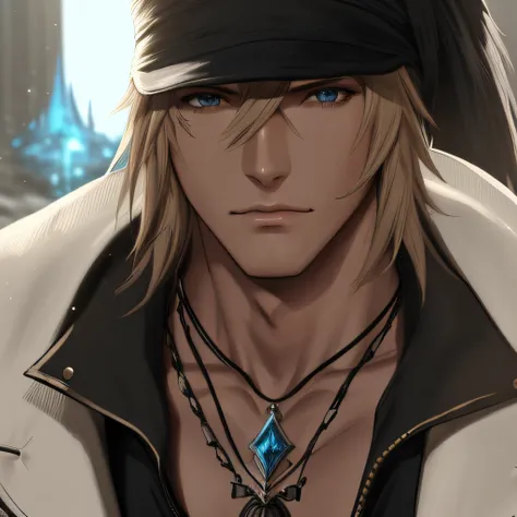 Villiers de nieve, Final Fantasy XIII, ojos azules hermosos, mirada atractiva, cabello rubio, sombrero totalmente negro y guantes negros, gabardina beige sostenida en la mano, Camisa negra holgada, estilo de mmorpg, Hombre guapo, Muscles of anatomical and ...