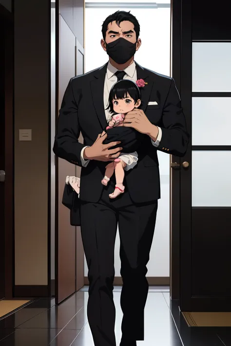 cool japanese male, business man, with black mask, muscular man, black haired, standing with his cute, little daughter, baby girl