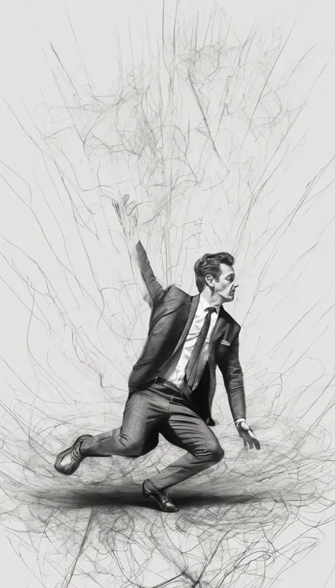 a minimal pencil sketch of a man with black suit falling backward on the ground, right leg touching the ground, and left leg on the air, high detailed, intricate details, 8K, black and white photo, white background, white floor