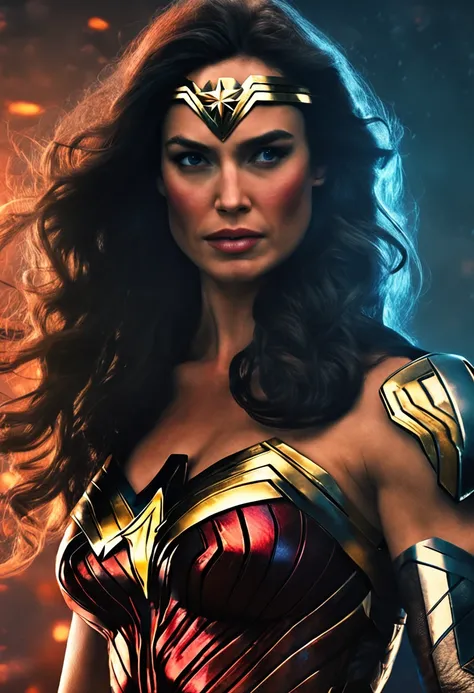 A Hyperrealistic Wonder Woman, Perfect Body, Perfect face, Perfect hands, Perfect, Legs,  In a City in Fire, detailed and Intrincicated, bioluminicense, HD