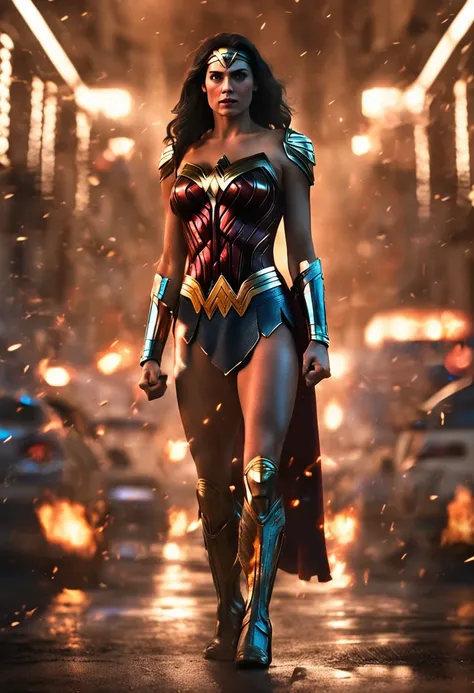 A Hyperrealistic Wonder Woman, Perfect Body, Perfect face, Perfect hands, Perfect, Legs,  In a City in Fire, detailed and Intrincicated, bioluminicense, HD