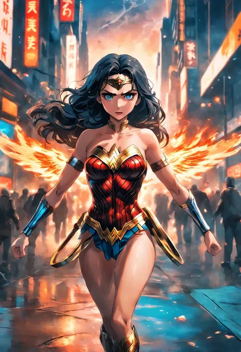 A Hyperrealistic Wonder Woman, Perfect Body, Perfect face, Perfect hands, Perfect, Legs, In a City in Fire, detailed and Intrincicated, bioluminicense, HD