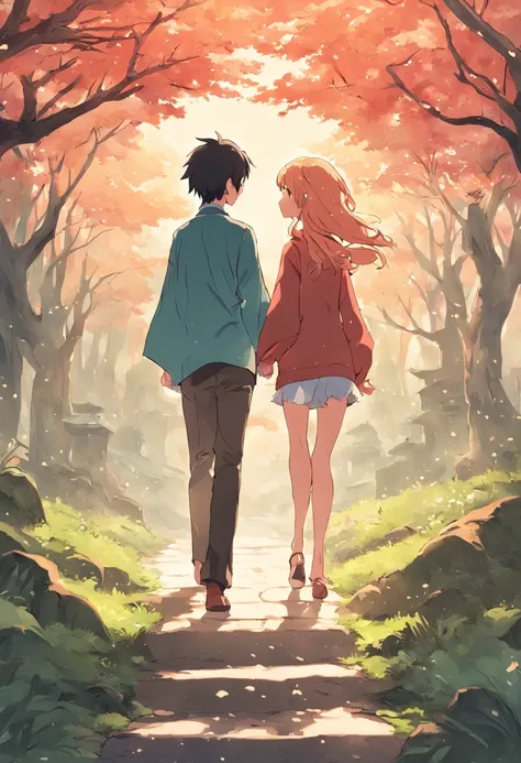 A romantic couple walking together in a Japanese spring garden. Anime flat illustration Estilo de arte, garoto de cabelos pretos. Garota de pele queimada, cabelos cacheados