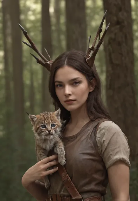 cover with a portrait of a female hunter with a quiver of arrows
behind her. Next to the woman is a lynx, At the edge of the forest, Perfect composition, beutiful, Detailed, an intricate, insanely detailed, octane render trending on ArtStation, 8 K Fine Ar...