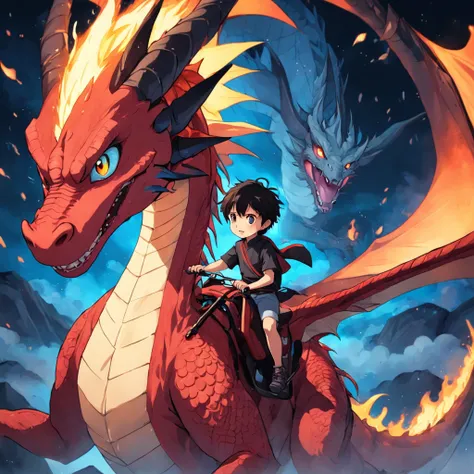 （Cute boy riding a dragon），Segurando um leque de penas，Red Fire Dragon，Fogo com intensidade，There was a fire in the air，Efeito gunsmoke：1.5,Slender dragon body，elevation，Vista distante，super detalhamento，melhor qualidade，tmasterpiece，8k，extremamente detalh...