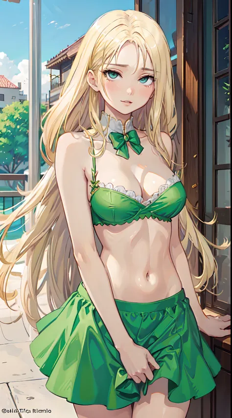 blonde hair, long hair, green eyes, green gown, short skirt, slim legs, navel, balcony, shacking, cleavage, bend over, rolling eyes up, ahegou