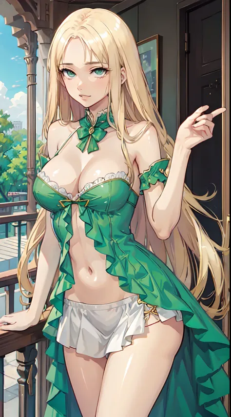 blonde hair, long hair, green eyes, green gown, short skirt, slim legs, navel, balcony, shacking, cleavage, bend over, rolling eyes up, ahegou